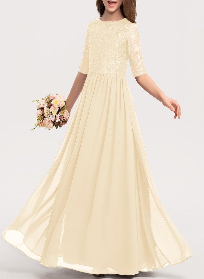 HOSIKA Girls Maxi Dress Boho Flower Lace Junior Bridesmaid Dresses for Wedding Party Apricot 6-7 Years - Image 2
